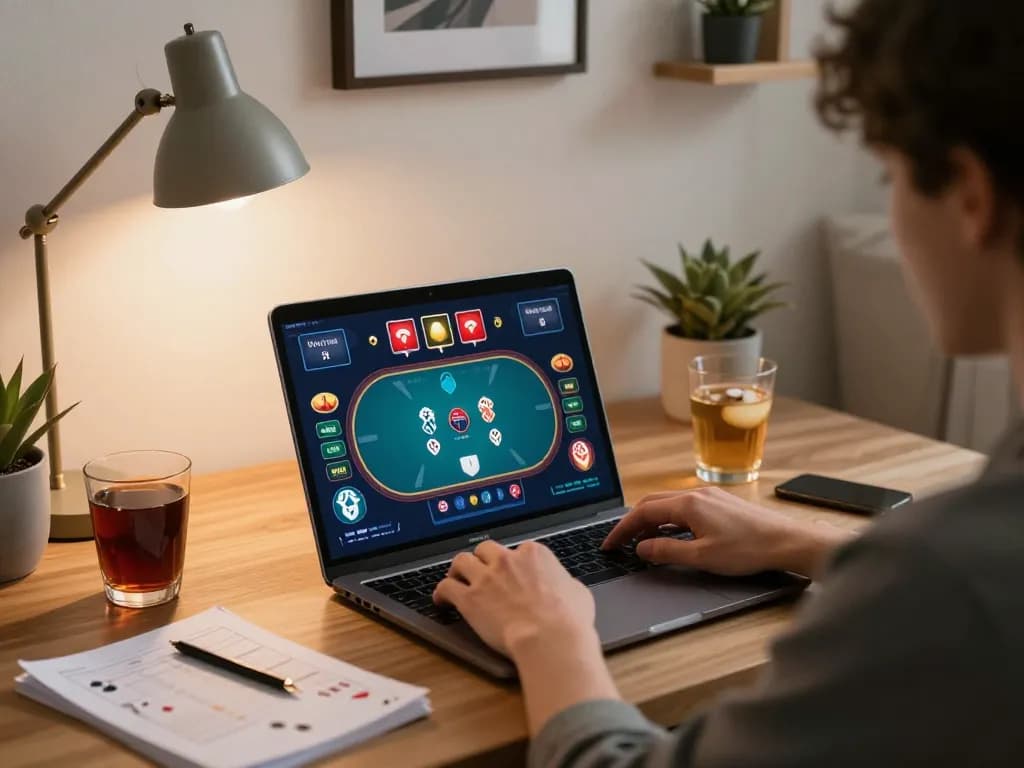 Engaging session at QQ88 casino, with player focused on online poker game interface at stylish home
