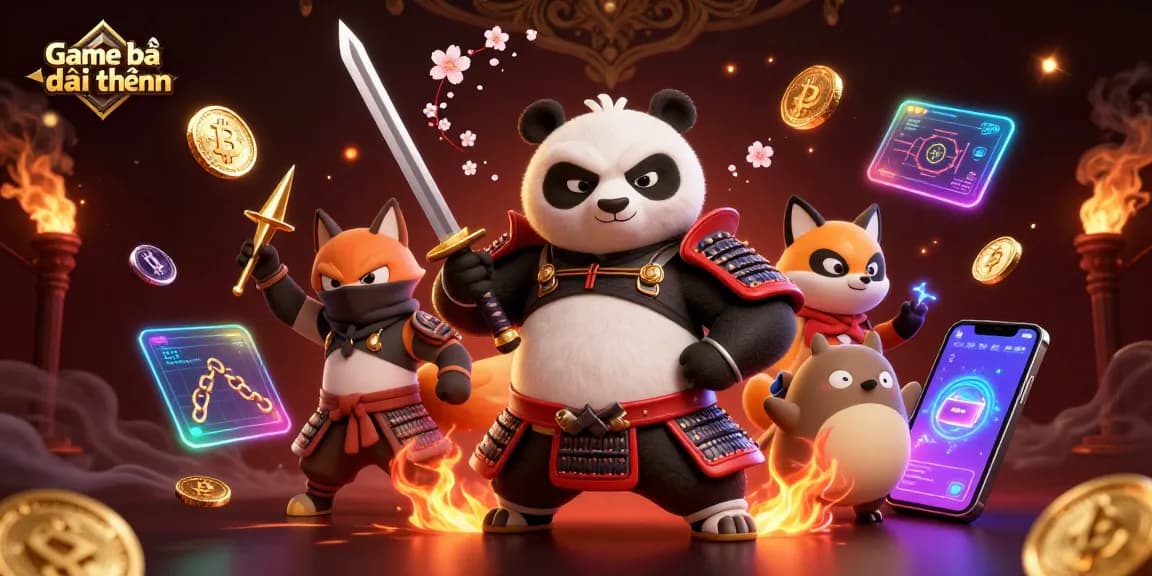 Play and win with Game bài đổi thưởng, featuring vibrant characters and glowing crypto coins in a dynamic casino scene.