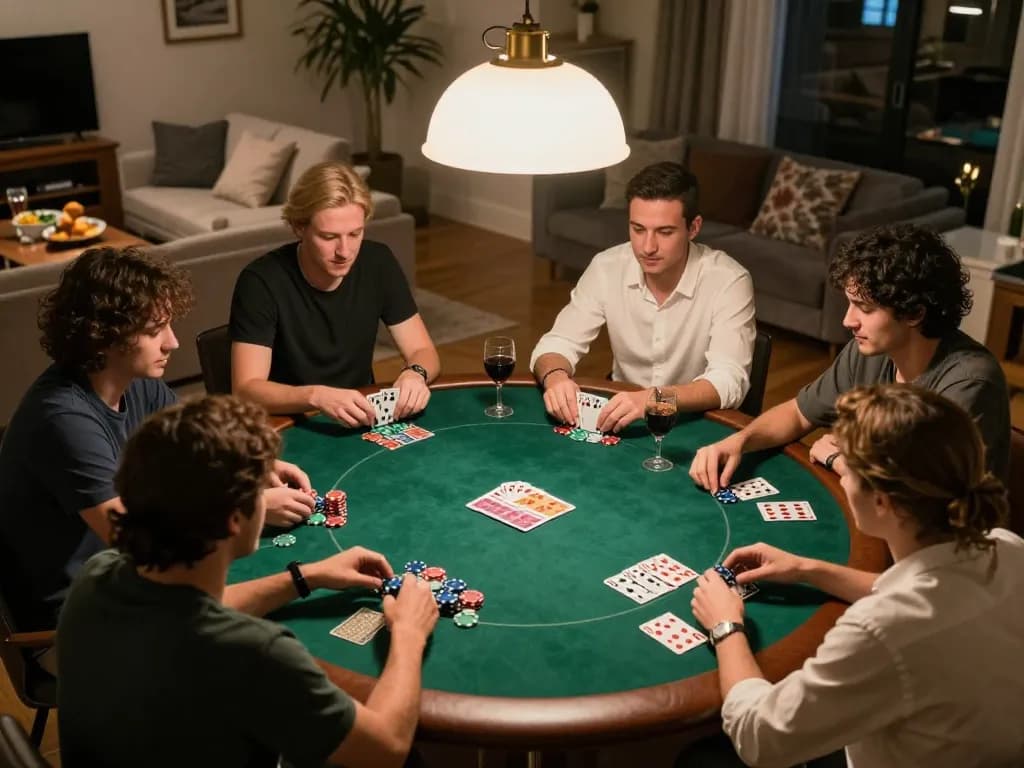 Players enjoying a heated game of poker as u888 strategy unfolds in a cozy home setting