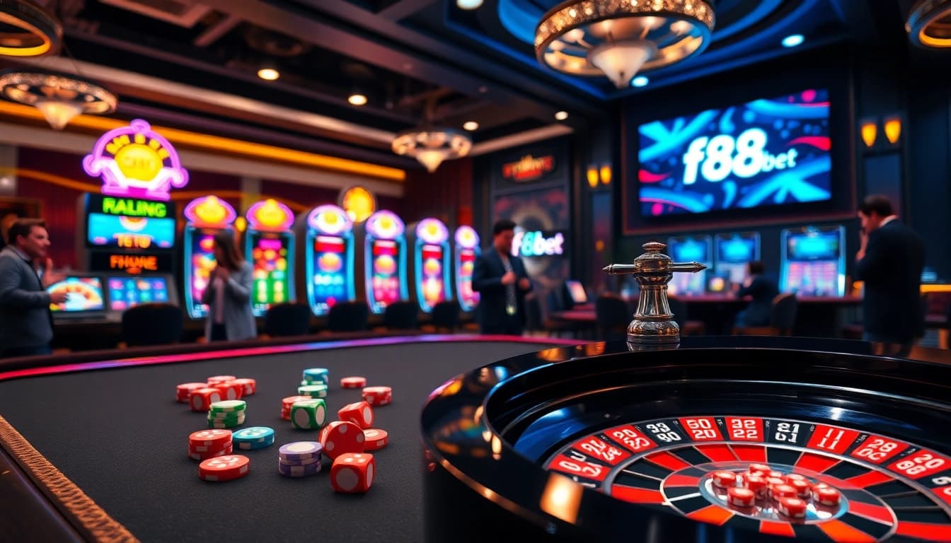 Experience thrilling games at f88bet with vibrant poker chips and exciting casino atmosphere.