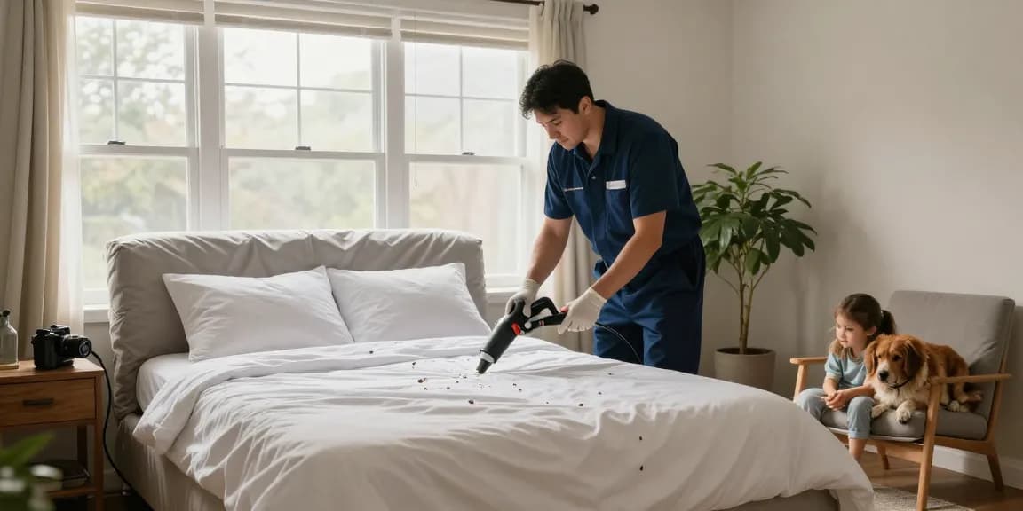 bed bug exterminators inspecting a cozy bedroom with professional equipment
