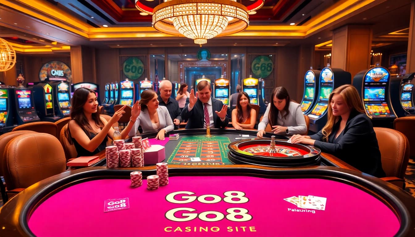 Go8 players enjoying an exhilarating game at a professional casino table with vibrant chips and cards.