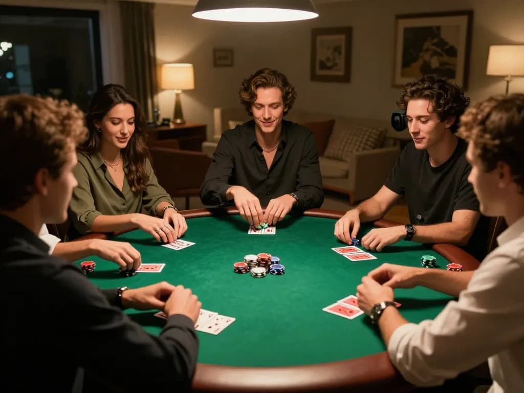 Players enjoying a go88 poker night at home, capturing lively gameplay and camaraderie in a warm atmosphere.