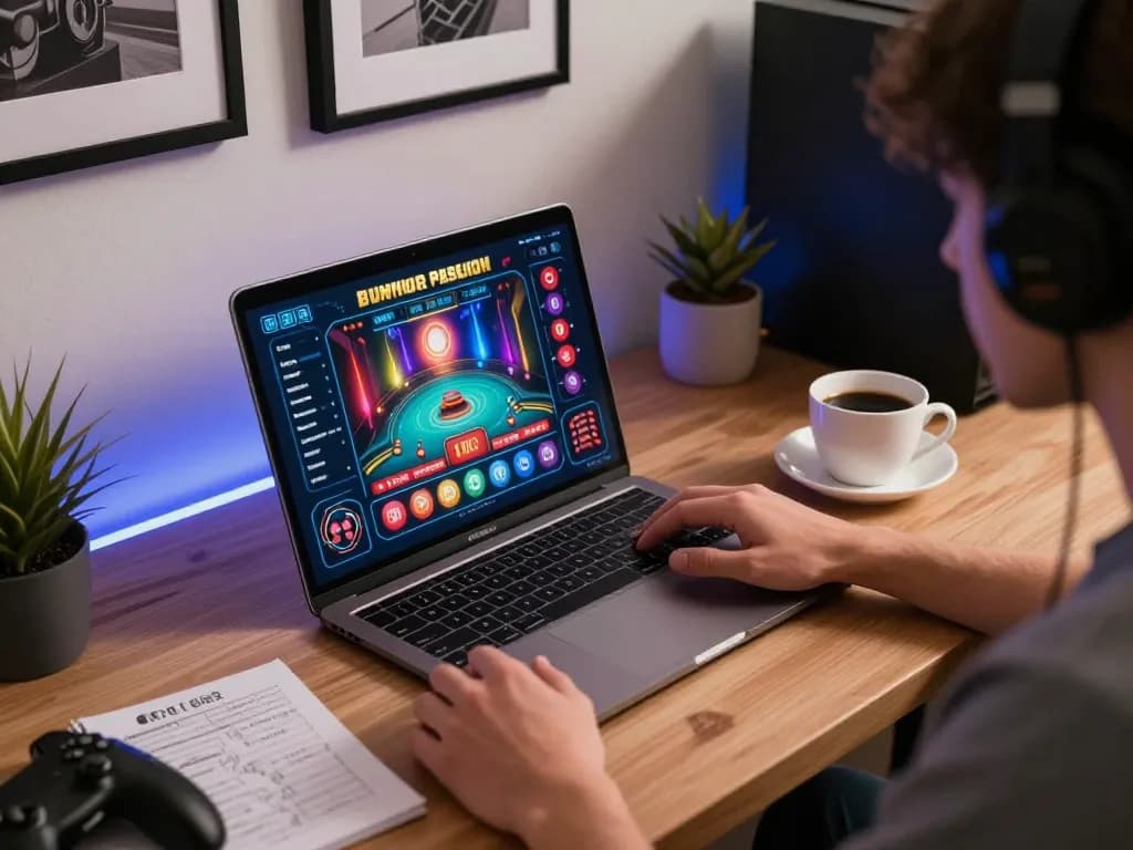 A person engaging with the online gaming interface at https://tr88bet.com/, showcasing a stylish laptop setup with strategic betting notes.