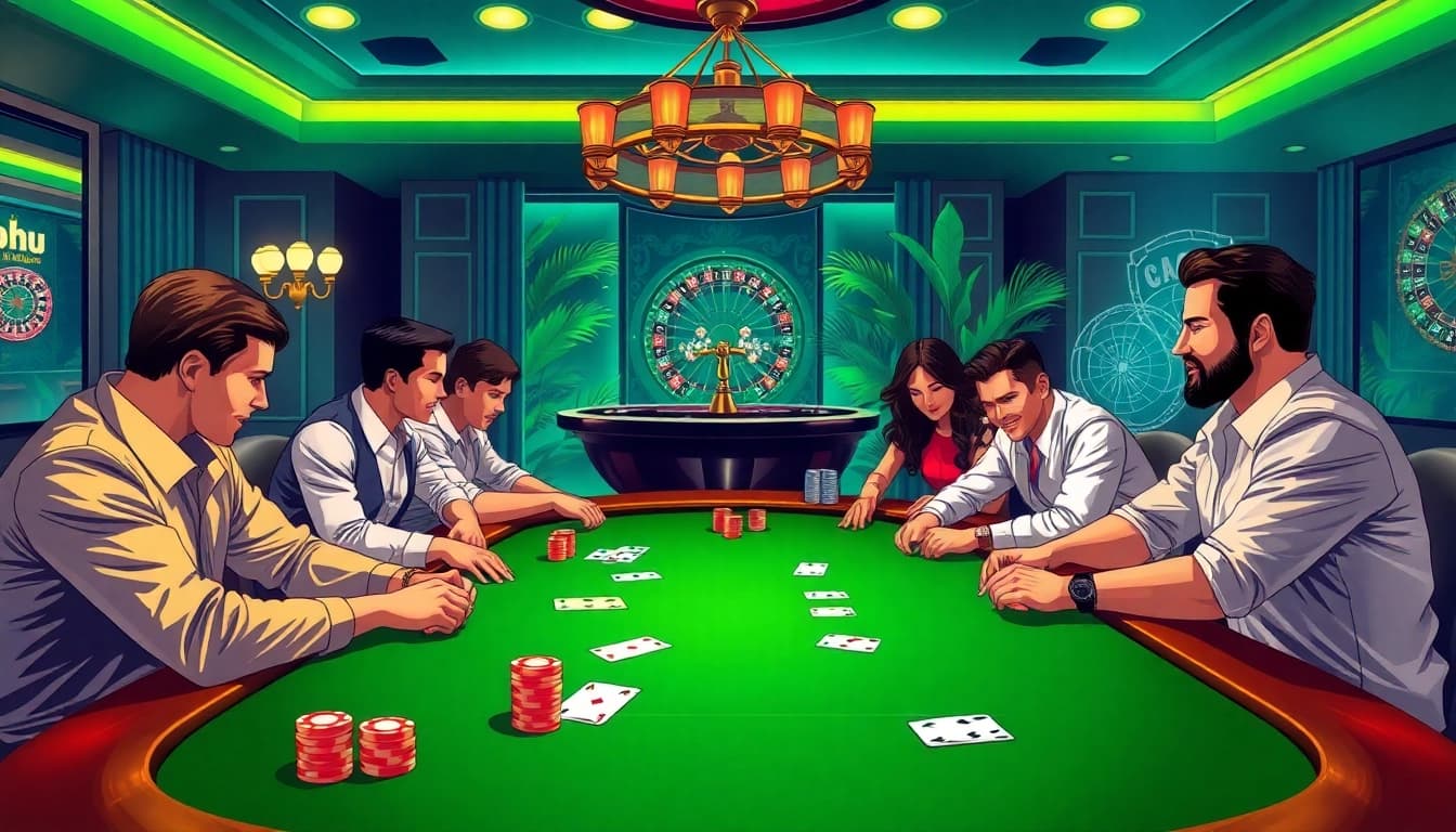NoHu-themed casino scene featuring vibrant poker tables and excited players.