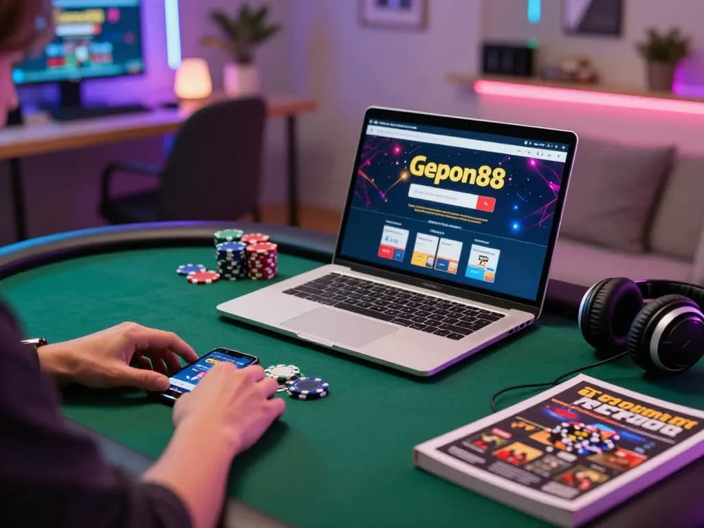 Engaging in online poker using the gem88 link app, showcasing a cozy home gaming setup.