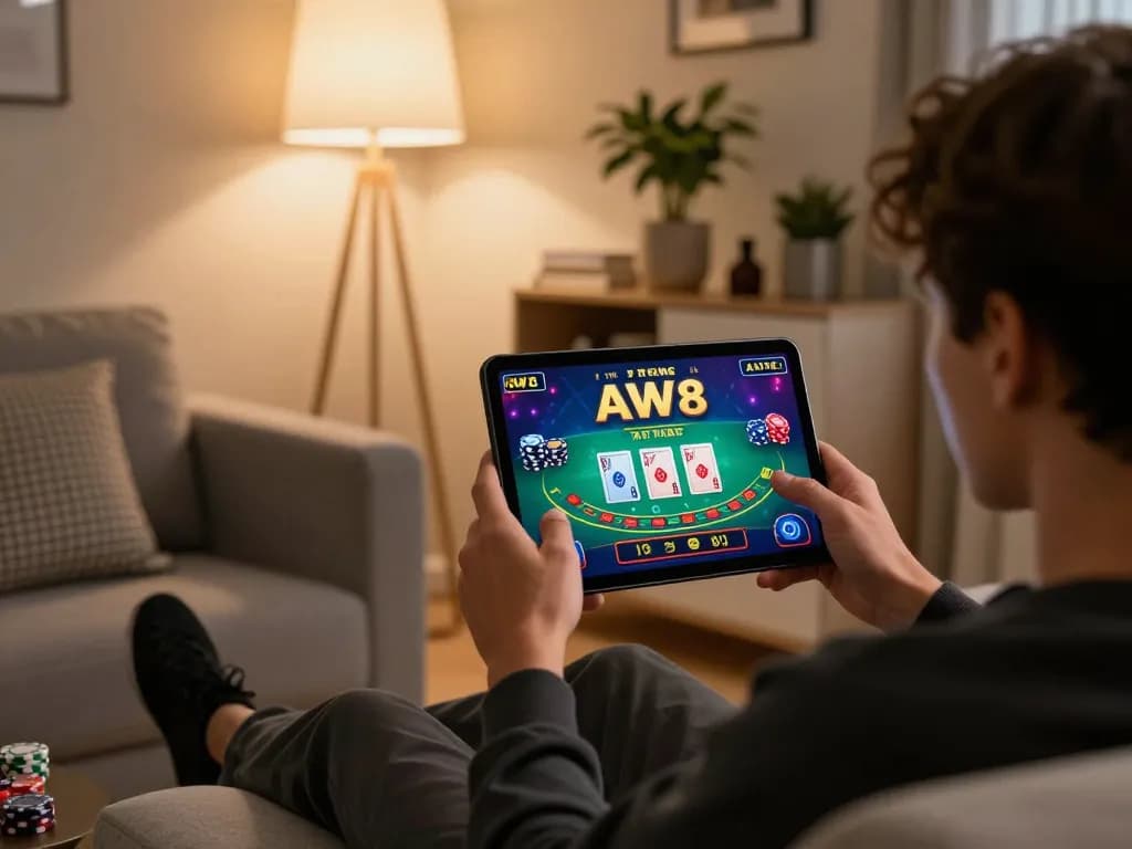 Engaging mobile gameplay on AW8 casino app showcasing live dealer blackjack action in a cozy home setting