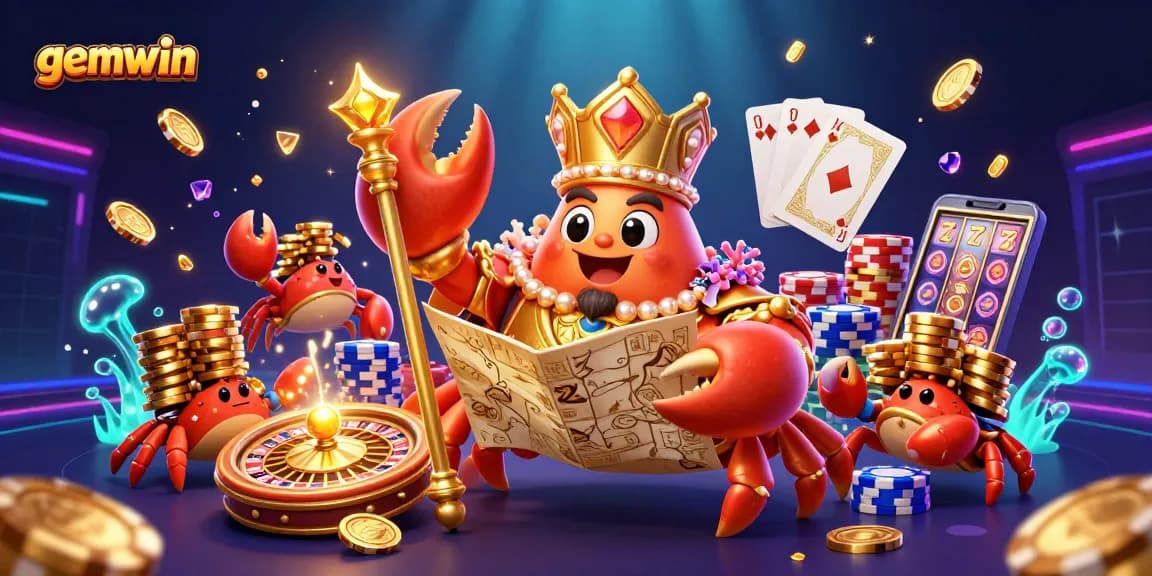 Experience the excitement of gemwin with a vibrant 3D illustration of a crab emperor, casino elements, and dazzling treasures.