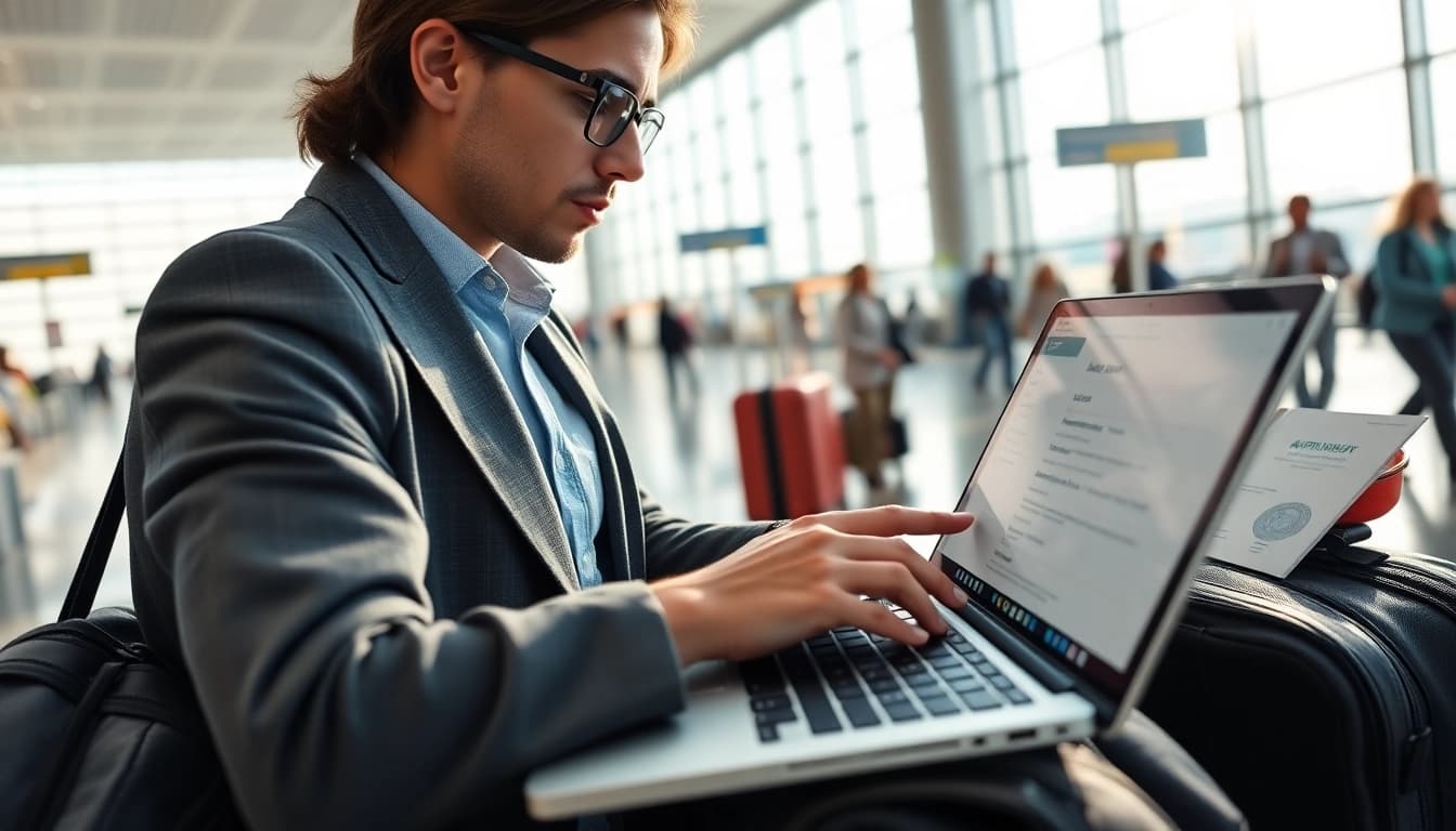 Submit your uk eta online application effortlessly with a focused traveler at an airport.