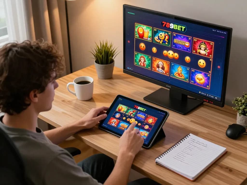 Player engaging with 789BET online casino app on a tablet in a cozy home setting, emphasizing responsible gaming.