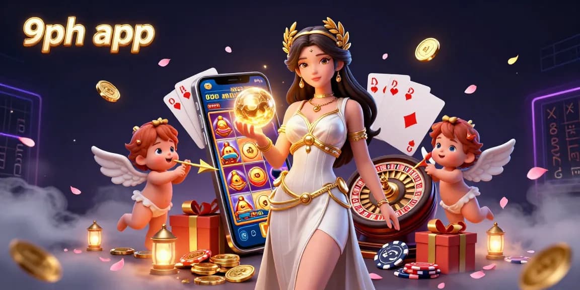 Indulge in captivating experiences with the 9ph app featuring a glowing goddess, cherubs, and casino elements.