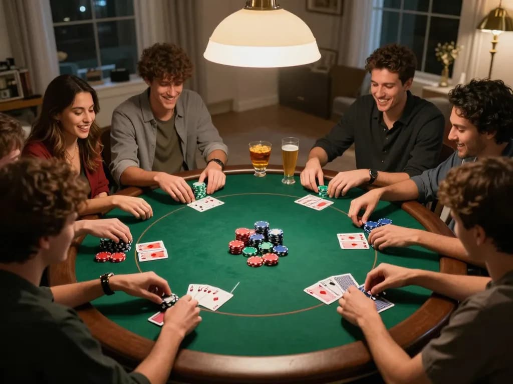 Friends enjoying a fun poker night with vibrant chips and cards at a cozy home while playing XX88.