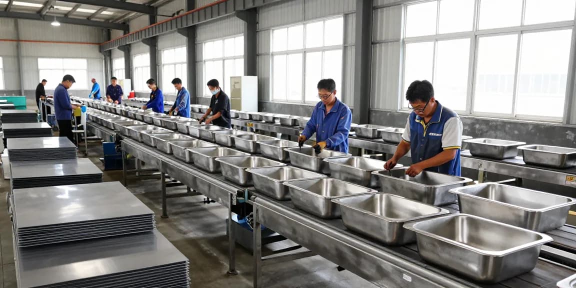 Workers in a stainless steel basin factory crafting high-quality products.