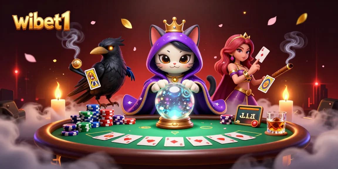 Experience the magic of wibet1 with a mystical fortune teller cat and poker scene.