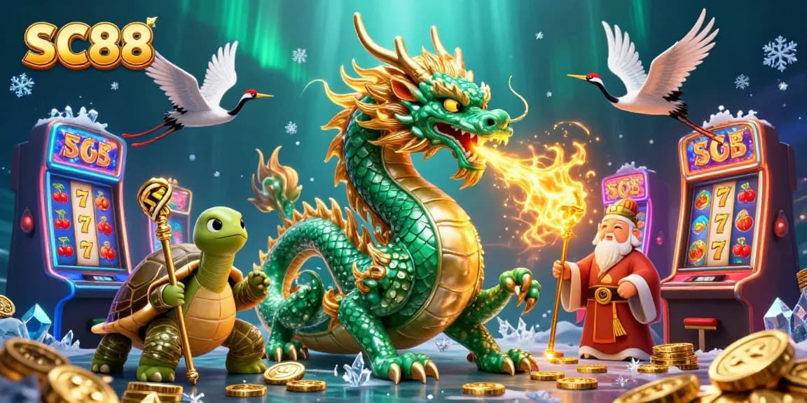 Experience the thrilling SC88 casino adventure with a jade dragon and lucky cranes amidst colorful slot machines.