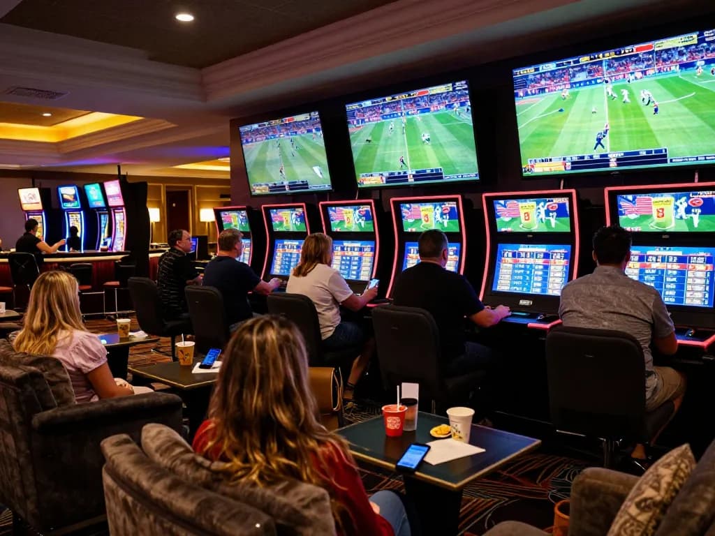 Kèo nhà cái hôm nay displayed on multiple screens in an upscale sports betting lounge