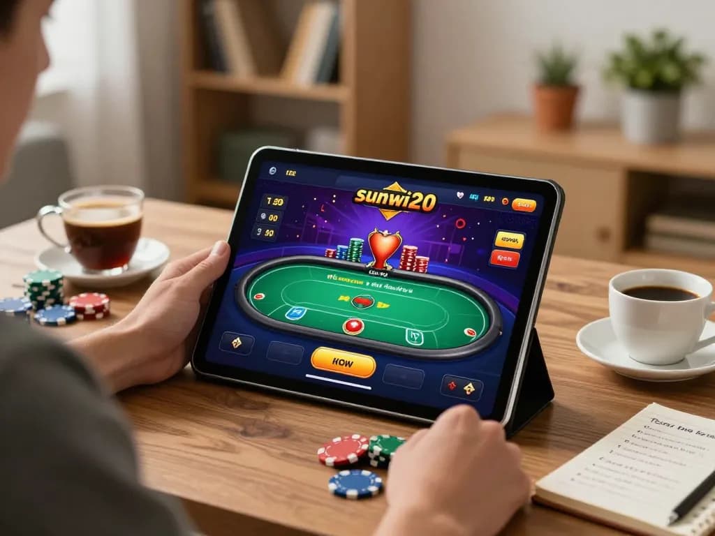 Engaging at-home online gaming setup featuring sunwin20 on tablet with poker game displayed.