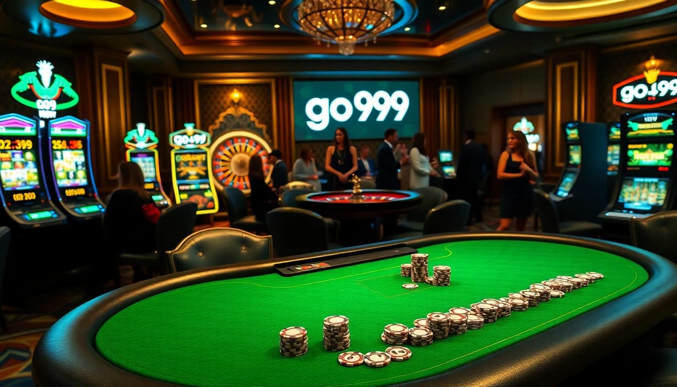 Experience the thrill of go+99 at a luxurious casino table with vibrant poker chips and vibrant slot machines.