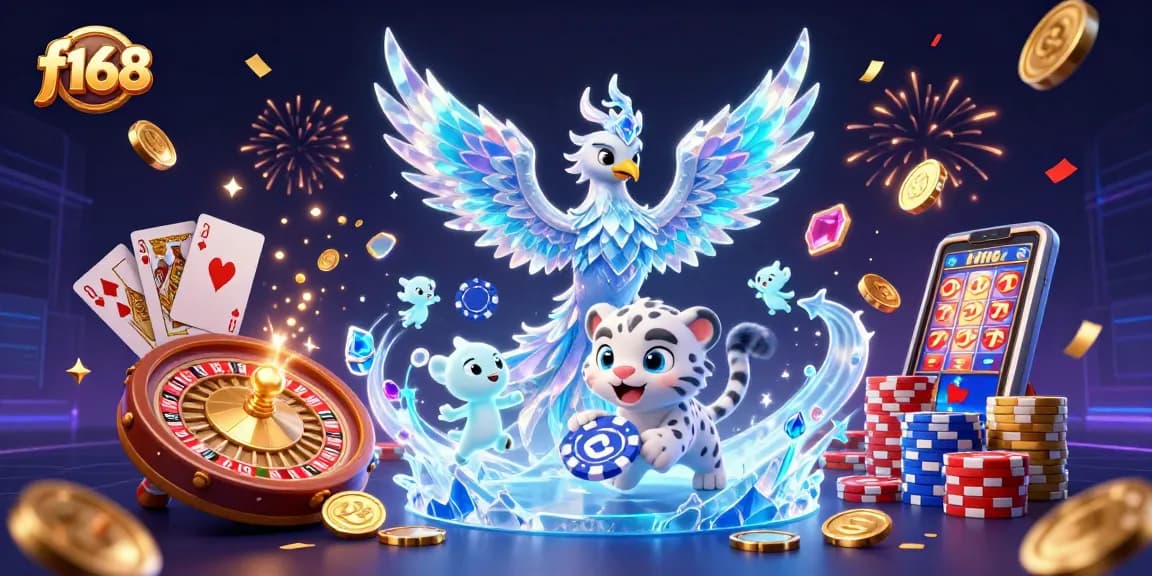 Win big with f168's dynamic casino scene featuring a magical ice phoenix and poker chip action.