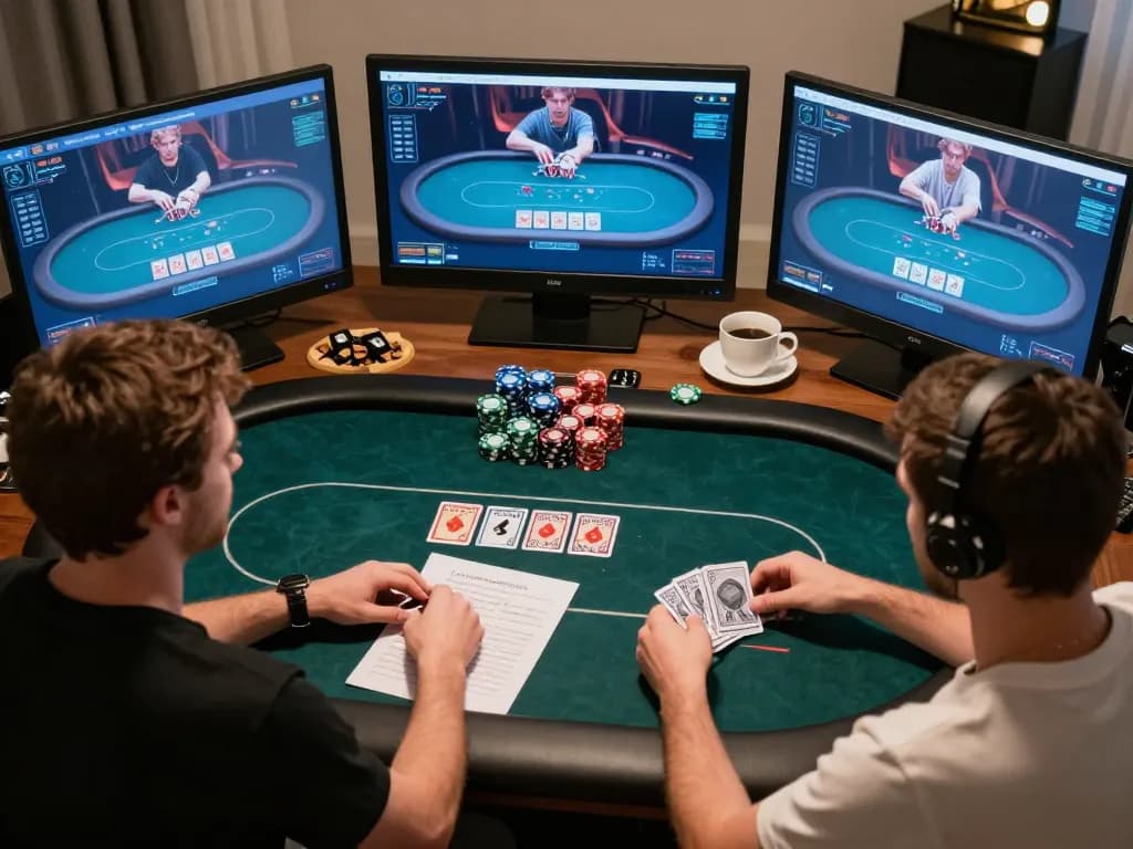 Engaging in strategic online poker gameplay with fly88, showcasing multiple screens and poker notes.