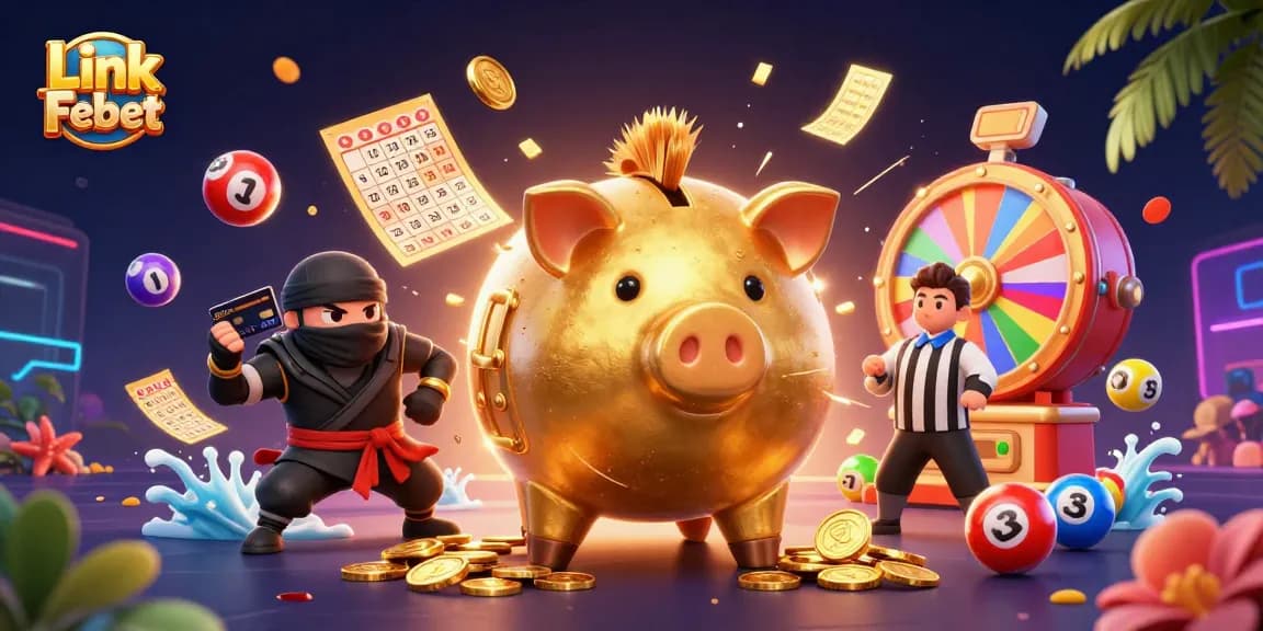 Experience thrilling action with Link Febet as a golden piggy bank sumo wrestler celebrates big wins in an exciting lottery scene.