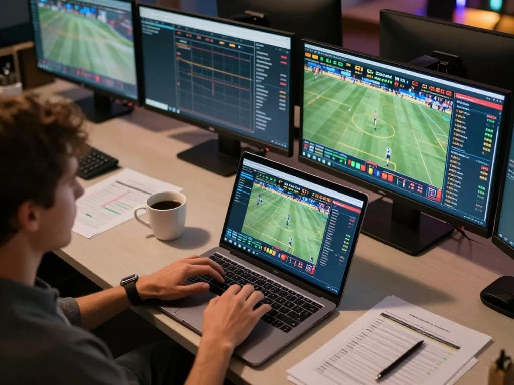 Tỷ lệ bóng đá kèo nhà cái displayed on laptop during an online sports betting session with a person engaged in strategy.