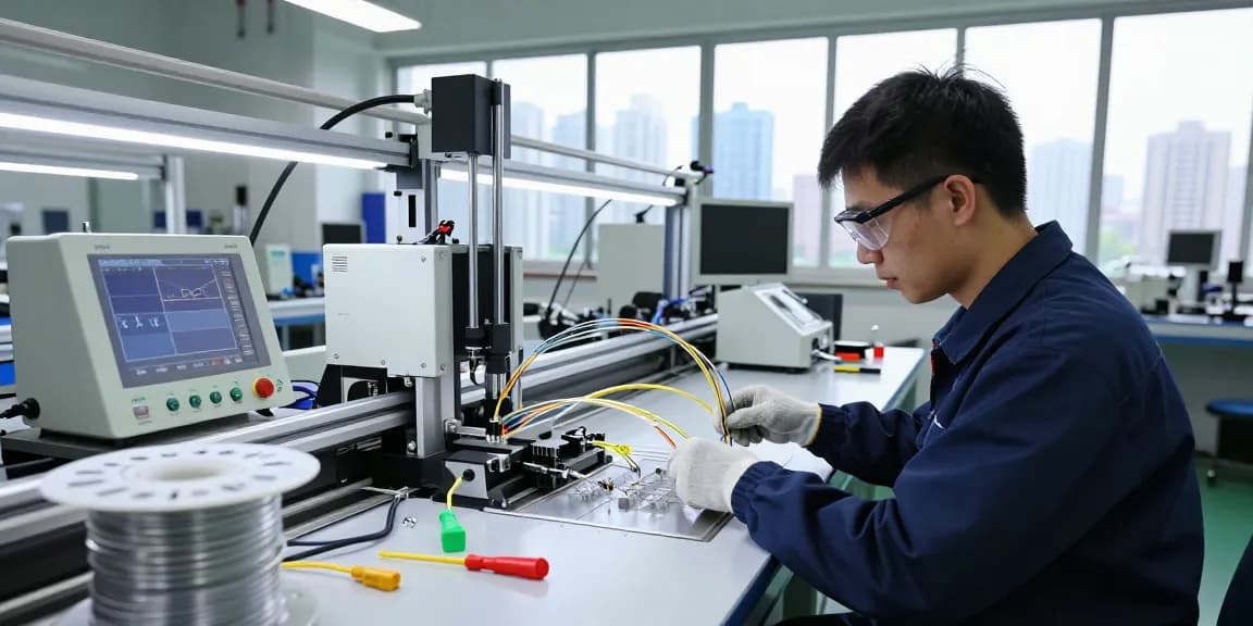 Technician inspecting fiber patch cables in a high-tech manufacturing facility.