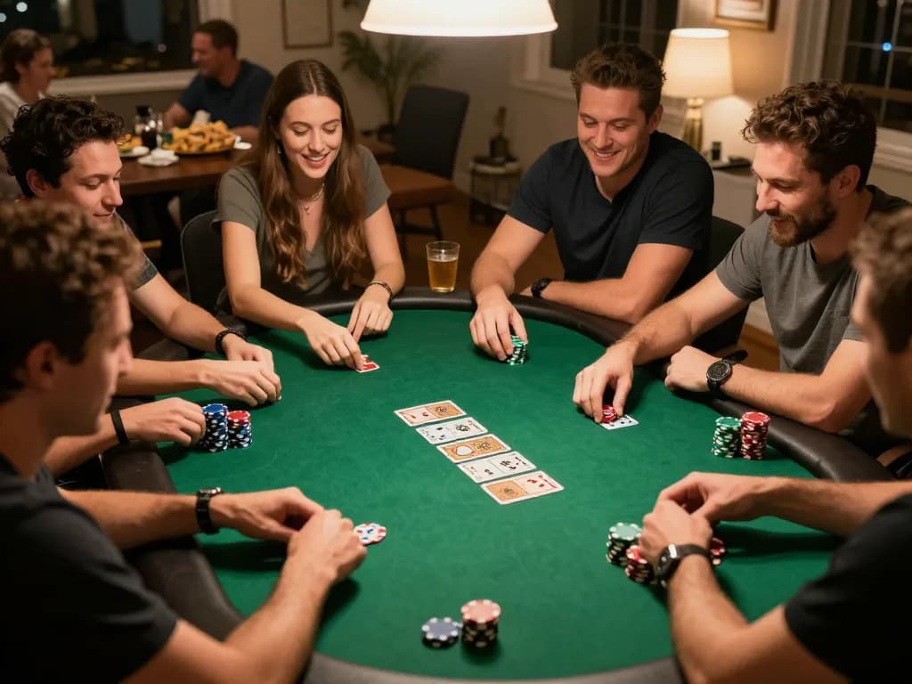 Players strategize and engage at a lively home poker game featuring C168 gameplay