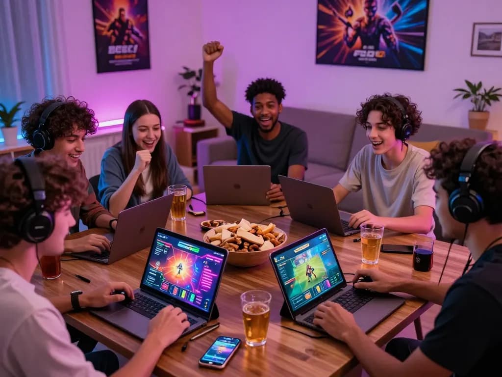 Players enjoying SC88 online gaming with devices in a lively setting.
