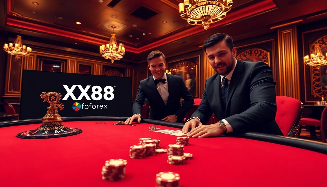 Engaged gamblers at a casino table, showcasing strategic play with chips and cards at https://xx88.forex/.