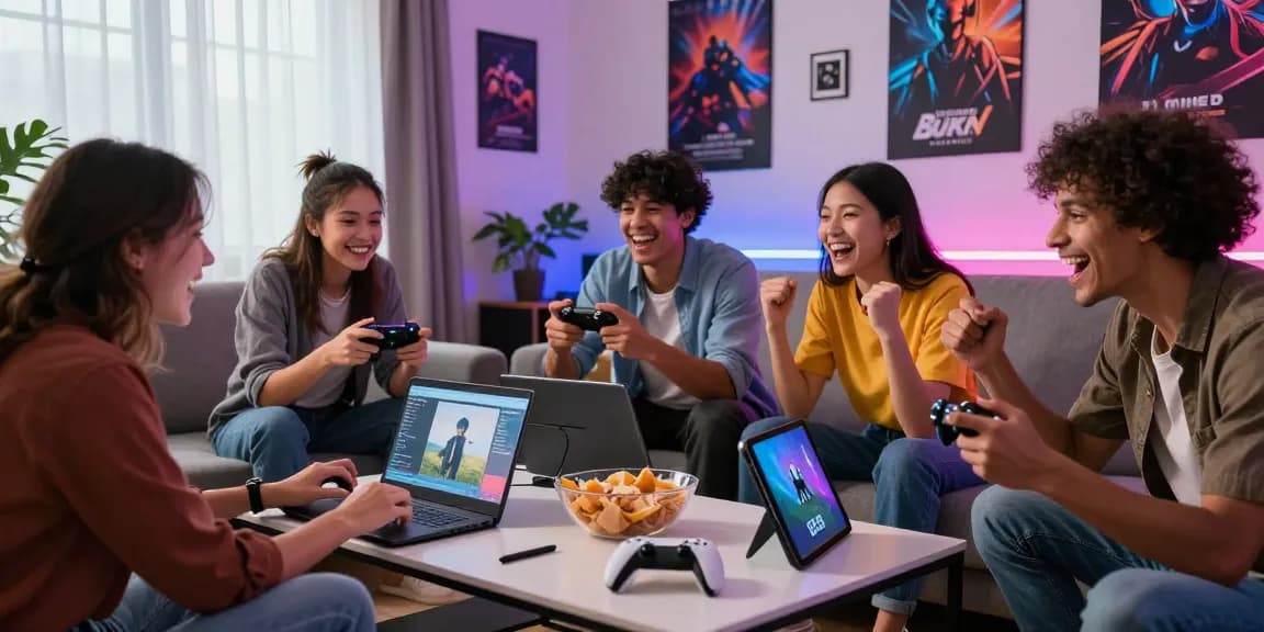 Friends enjoying online gaming with cm88 in a vibrant living room, showcasing devices and lively atmosphere.