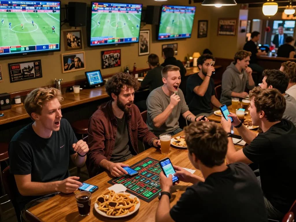Tỷ lệ kèo nhà cái 5 action at a vibrant sports bar, friends strategizing bets over live games.