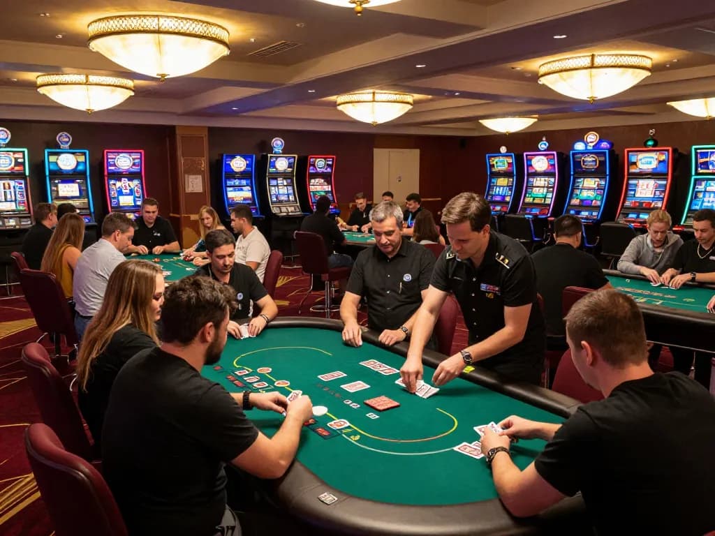 Bong88 poker players engaged in thrilling gameplay at a lively casino floor.