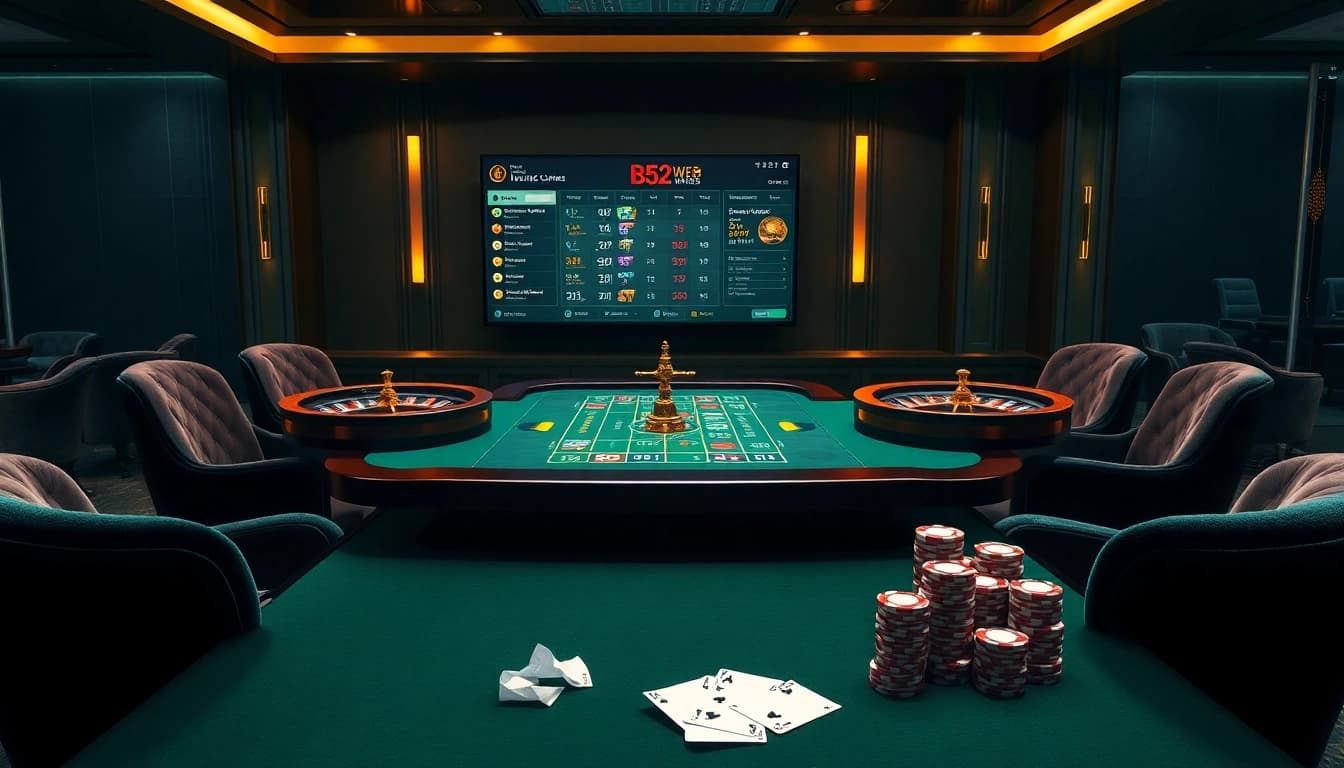 B52 WEB showcases an elegant casino gambling scene featuring a luxurious roulette table and exciting slot games.