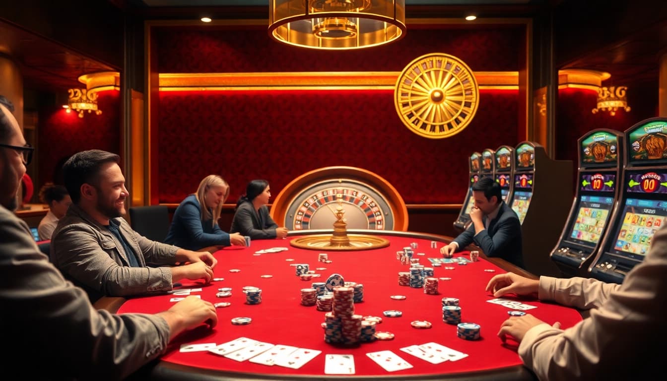 Thrilling casino scene featuring players at a poker table, embodying the excitement of F168 gambling.