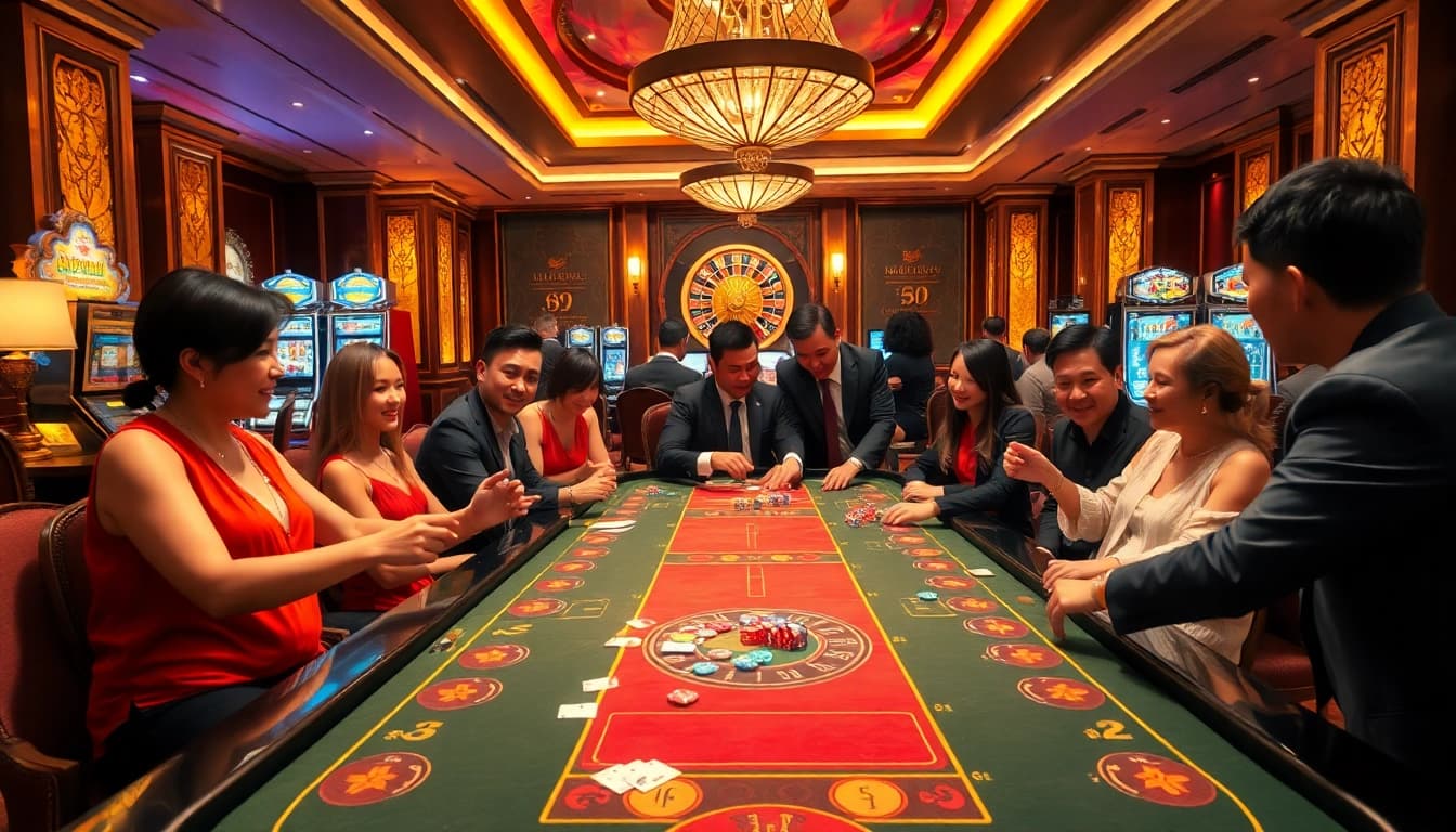 Exciting b62 tài xỉu action at a luxurious casino table with colorful chips and cards.