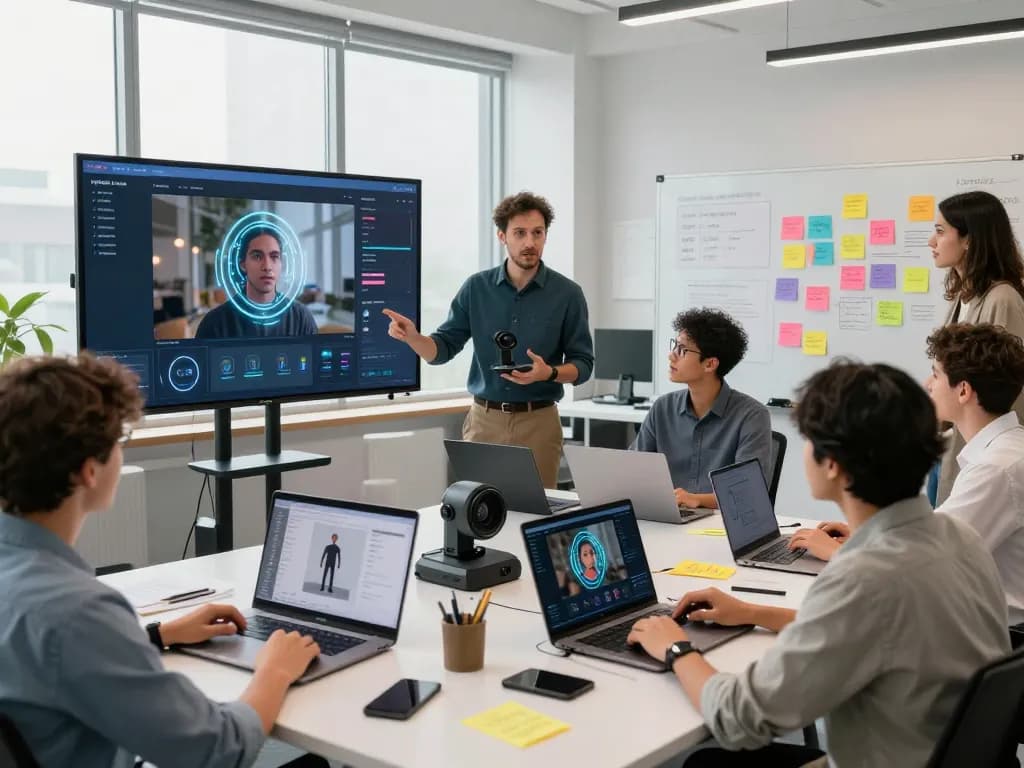 Creators exploring mind control technology in a modern workspace, showcasing collaboration around motion control AI systems.
