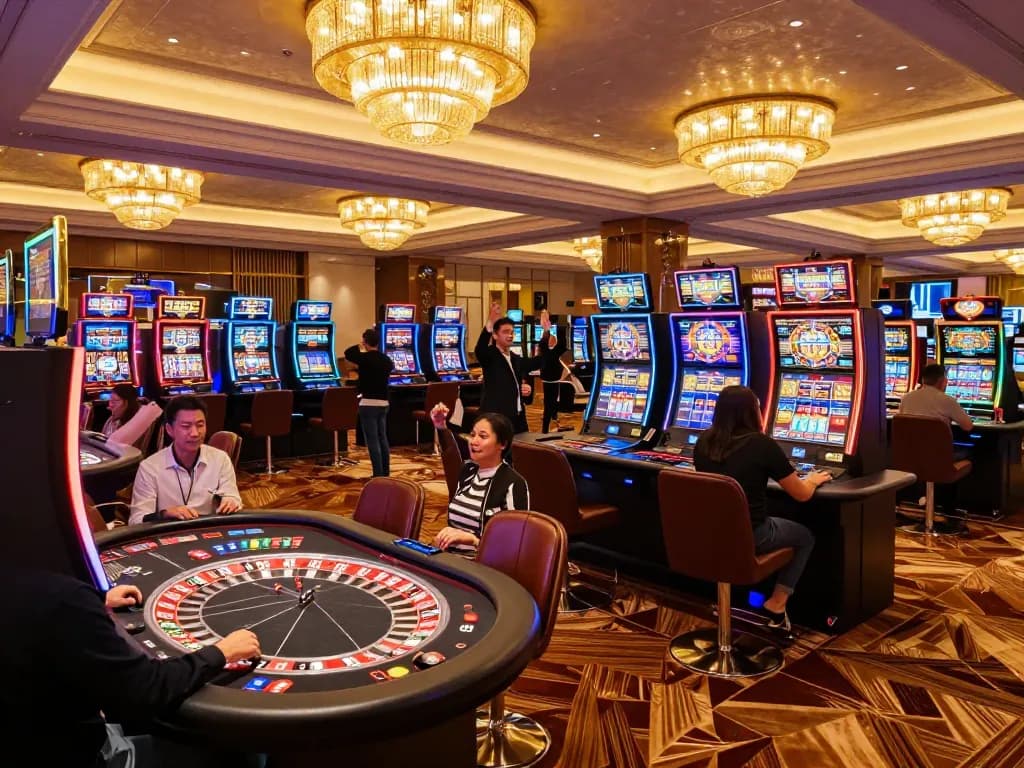 F168 casino floor bustling with players enjoying roulette and slot machines in an upscale environment.