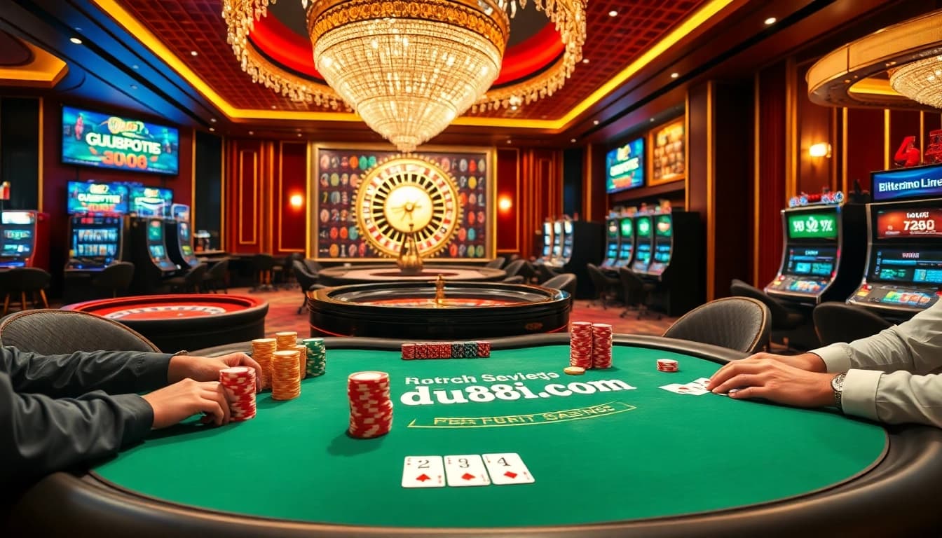 Players engaging in high-stakes poker at a luxurious table inspired by https://du88i.com/ with vibrant casino elements.