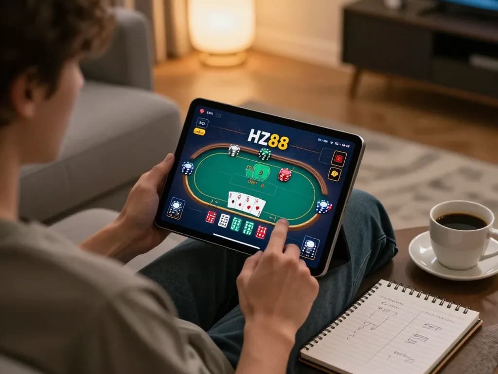 Engaging in HZ88 online casino gameplay, showing a player focused on their tablet with poker game interface.