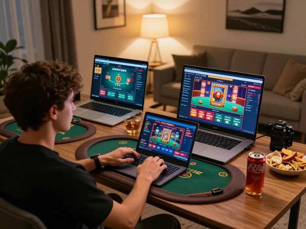 Engaged player using 78win online casino app on a laptop in a cozy home setting