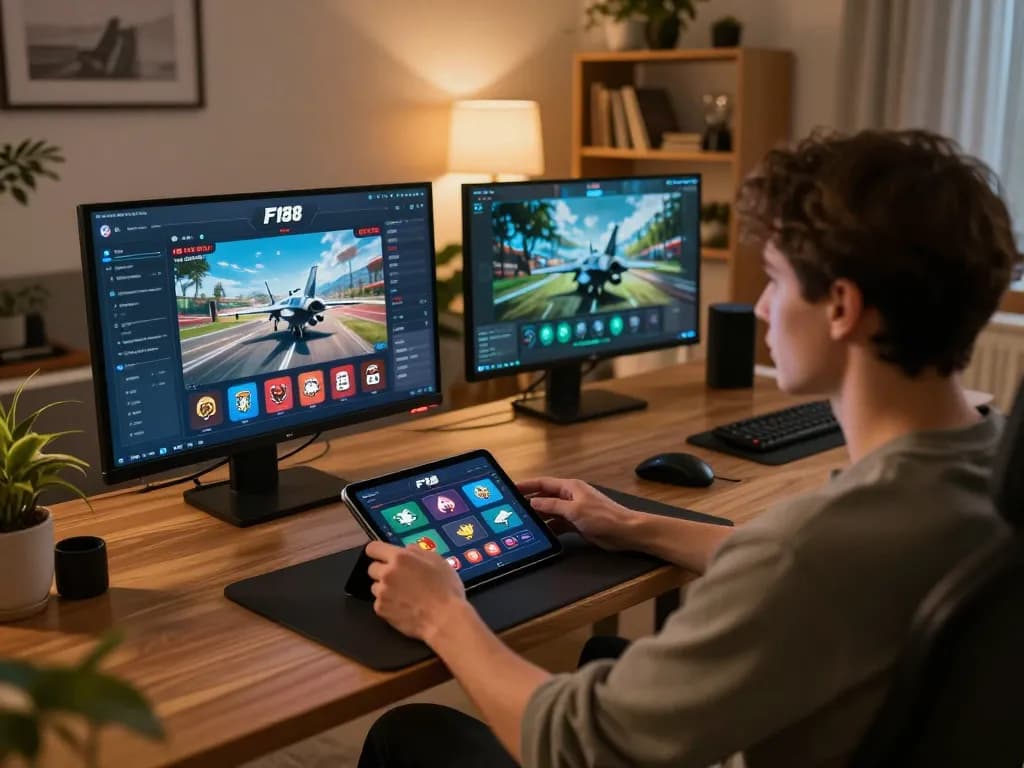 F168 tablet gaming scene showcasing interactive casino gameplay in a cozy home setting