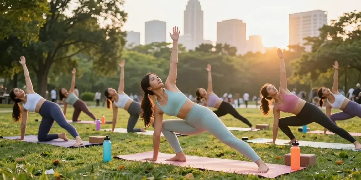 Women practicing yoga in modest activewear during sunrise in an urban park