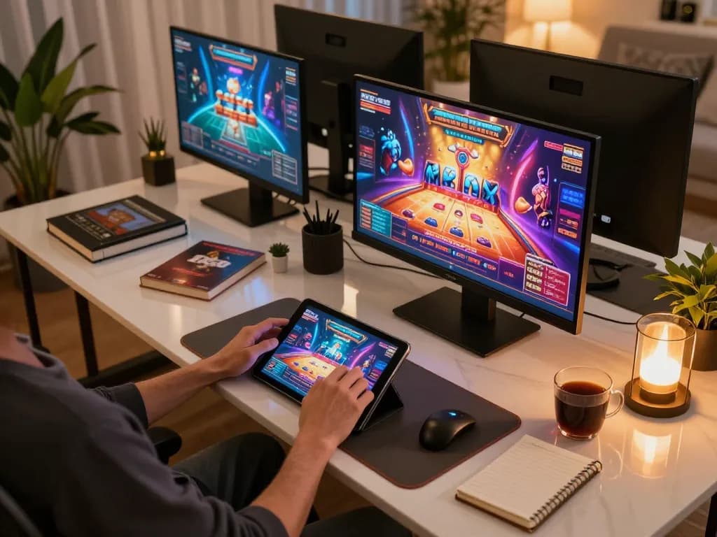 Person engaging in 99OK online gaming strategy with tablet, stylish home office ambiance