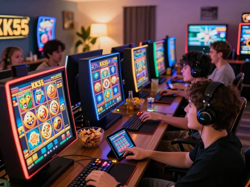 Players engaging with slots on KK55, showcasing excitement in a cozy home gaming setup.