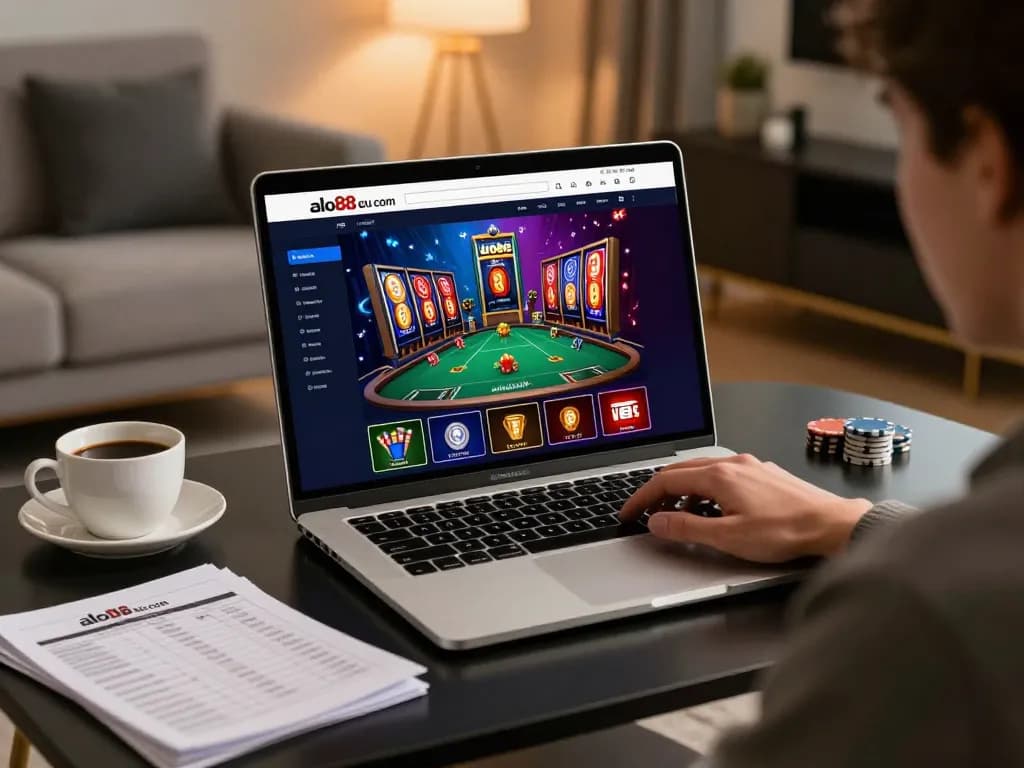 A player enjoying the alo88 eu com gaming platform on a stylish laptop in a cozy living room.