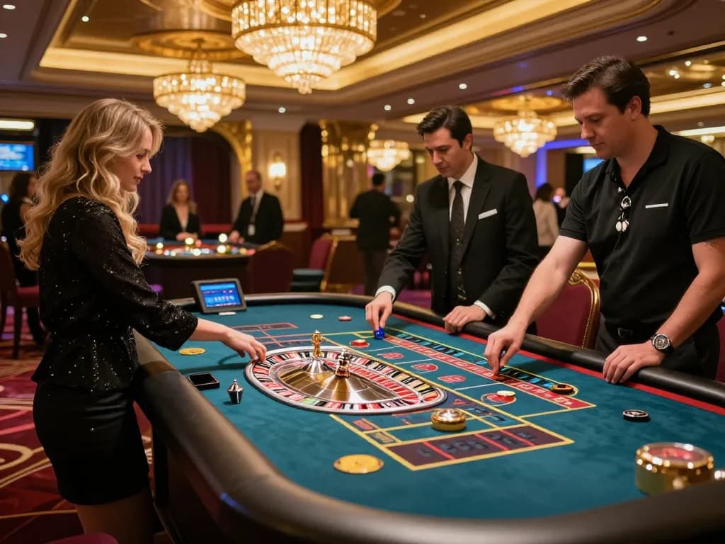 A thrilling roulette game at sky 88 casino, players engaged in strategic betting and watching the spinning wheel.
