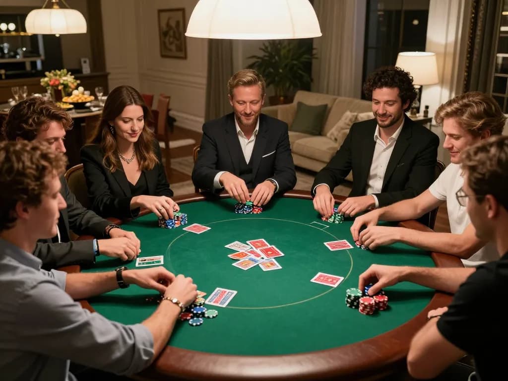 Players engaged in an exciting poker game at home, showcasing strategies while using 33win3 for game insights.