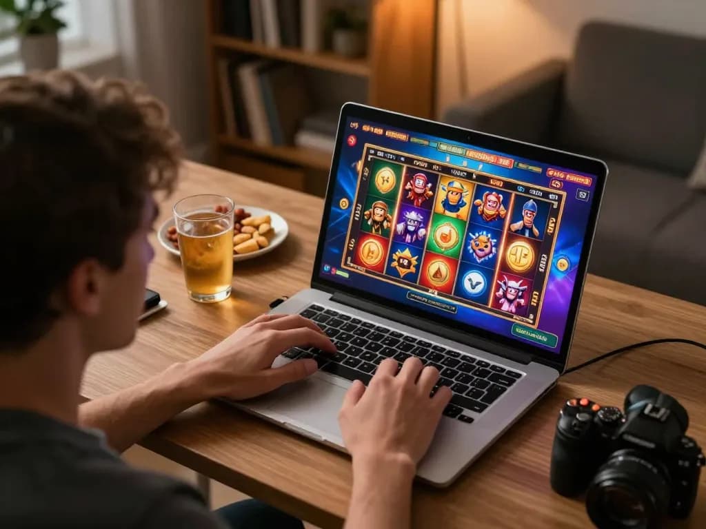 Player enjoying a thrilling slot game on hm88, celebrating wins in a cozy home environment.