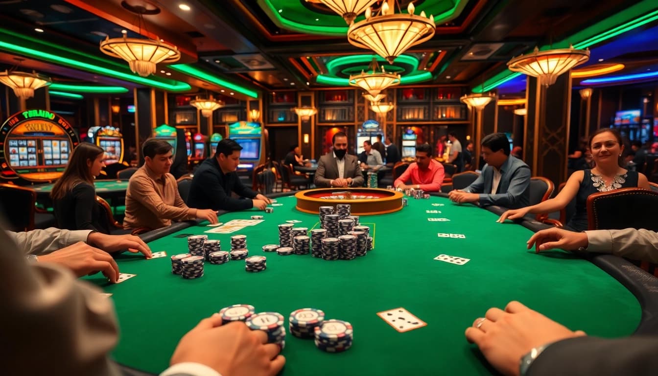 Exciting casino table scene showcasing gambling strategies at https://vaoluoitv.ink/ with players and poker chips.